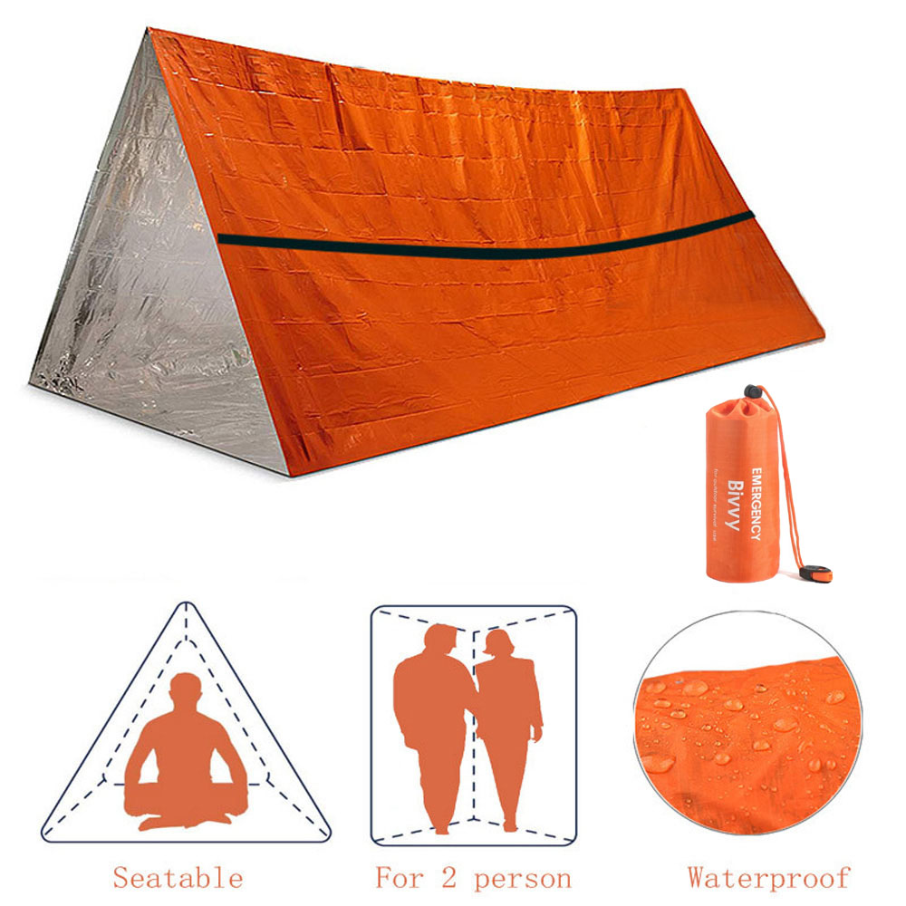 Bivy Bag Emergency - 2 人緊急避難所ビビィサバイバルテントキットマイラーチューブテント寝袋防水屋外 SOS サーマルブランケット再利用可能